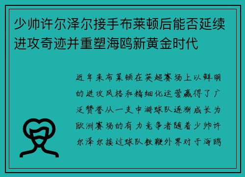 少帅许尔泽尔接手布莱顿后能否延续进攻奇迹并重塑海鸥新黄金时代 少帅许尔泽尔接手布莱顿后能否延续进攻奇迹并重塑海鸥新黄金时代